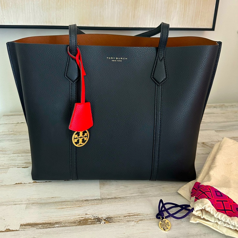 TORY BURCH Perry Triple Compartment Leather Tote Bag, large  BLACK